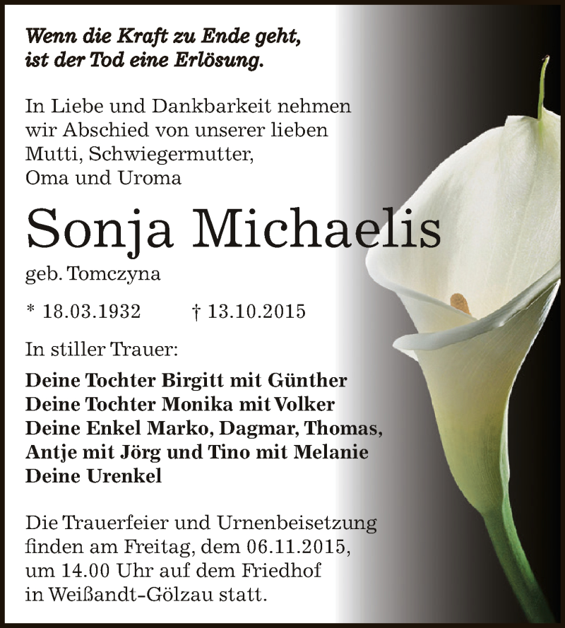  Traueranzeige für Sonja Michaelis vom 17.10.2015 aus WVG - Wochenspiegel Dessau / Köthen
