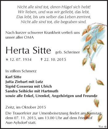 Traueranzeige von Herta Sitte von Mitteldeutsche Zeitung Zeitz