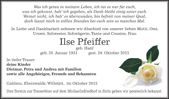 Traueranzeige von Ilse Pfeiffer von Super Sonntag Zeitz