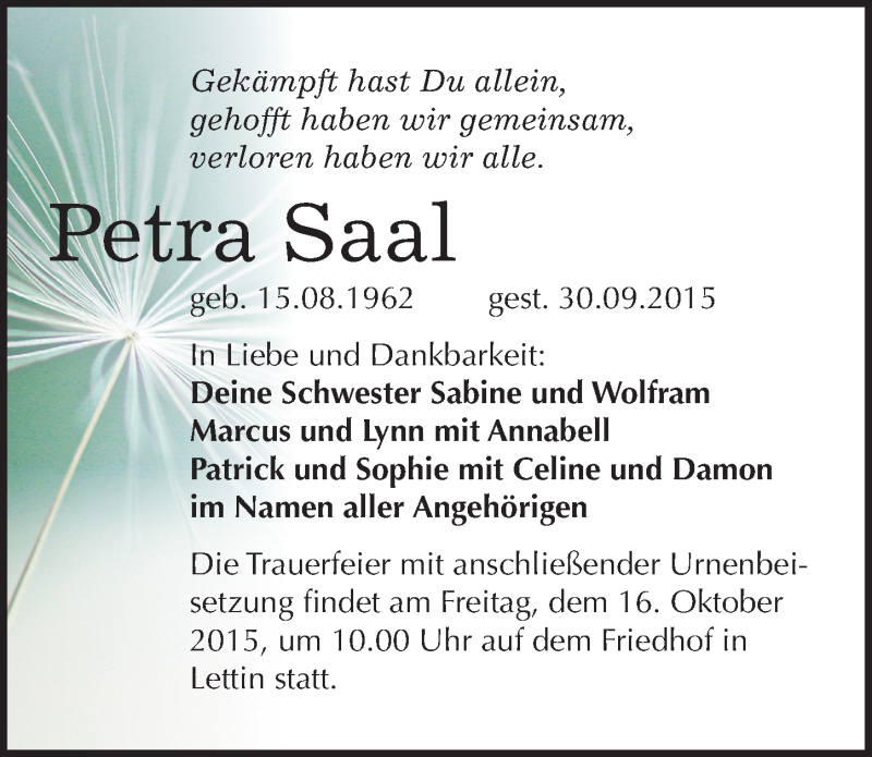  Traueranzeige für Petra Saal vom 07.10.2015 aus Mitteldeutsche Zeitung Halle/Saalkreis