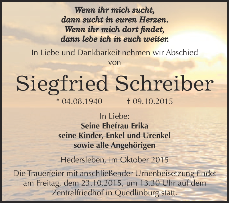  Traueranzeige für Siegfried Schreiber vom 17.10.2015 aus WVG - Wochenspiegel Quedlinburg