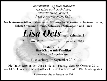 Traueranzeige von Lisa Oels von Mitteldeutsche Zeitung Quedlinburg
