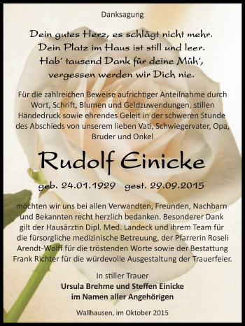 Traueranzeige von Rudolf Einicke von Super Sonntag SGH Mansf. Land