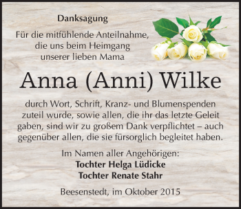Traueranzeige von Anna Wilke von Mitteldeutsche Zeitung Halle/Saalkreis