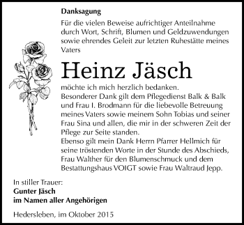 Traueranzeige von Heinz Jäsch von Mitteldeutsche Zeitung Mansfelder Land