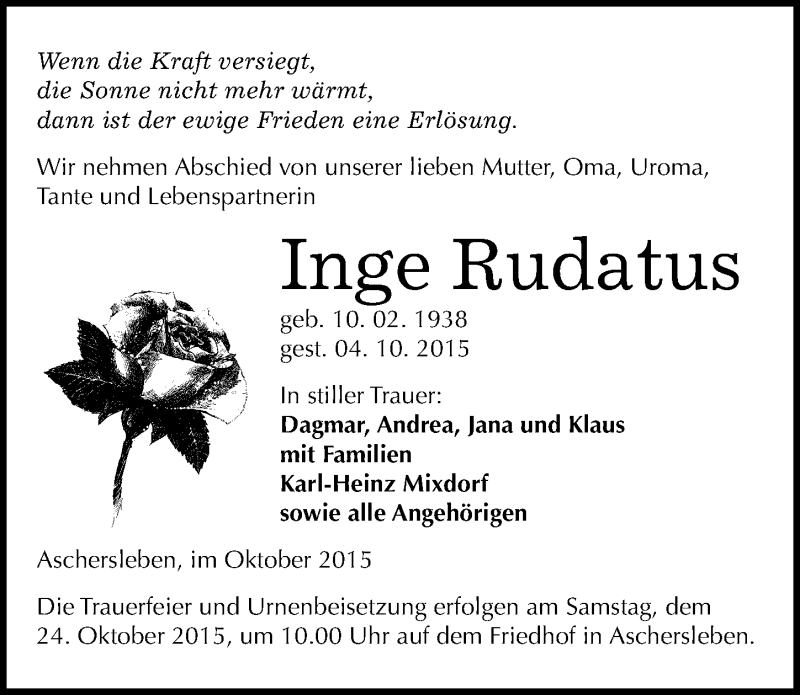  Traueranzeige für Inge Rudatus vom 07.10.2015 aus Mitteldeutsche Zeitung Aschersleben