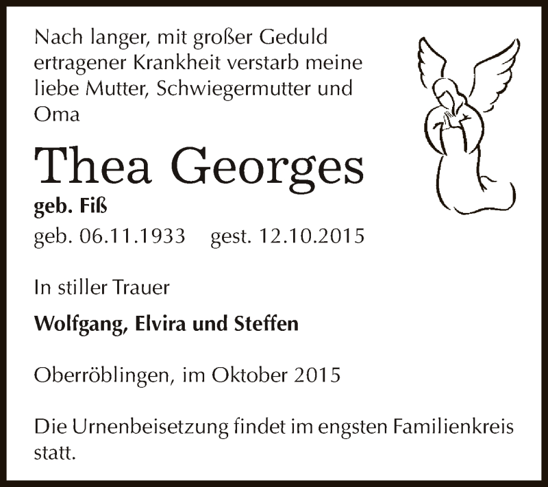  Traueranzeige für Thea Georges vom 17.10.2015 aus Super Sonntag SGH Mansf. Land