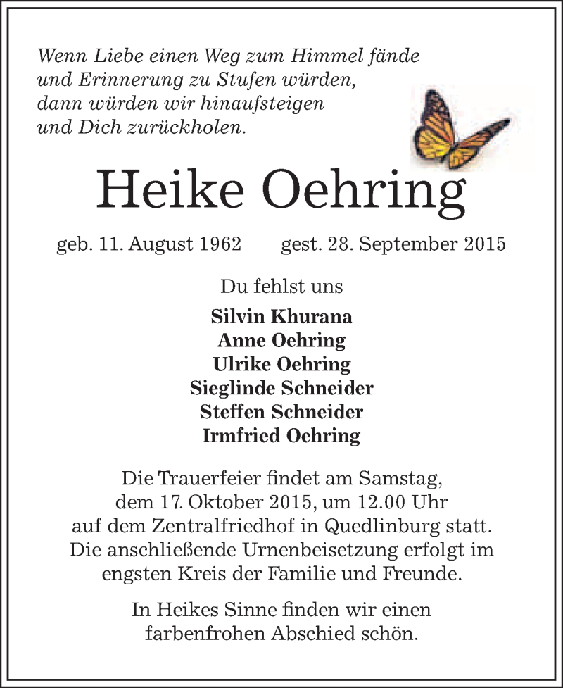  Traueranzeige für Heike Oehring vom 10.10.2015 aus WVG - Wochenspiegel Quedlinburg
