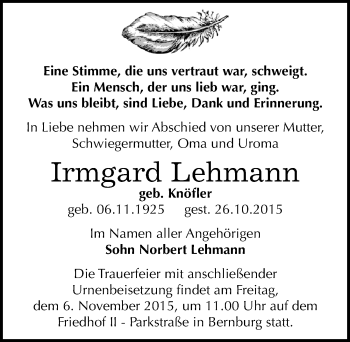 Traueranzeige von Irmgard Lehmann von Mitteldeutsche Zeitung Bernburg