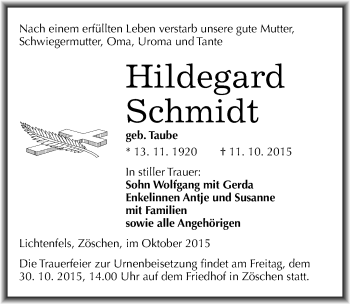 Traueranzeige von Hildegard Schmidt von Mitteldeutsche Zeitung Merseburg/Querfurt