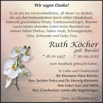 Traueranzeige von Ruth Köcher von Super Sonntag Zeitz