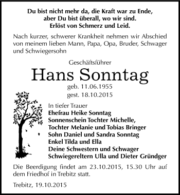 Traueranzeige von Hans Sonntag von Mitteldeutsche Zeitung Bernburg