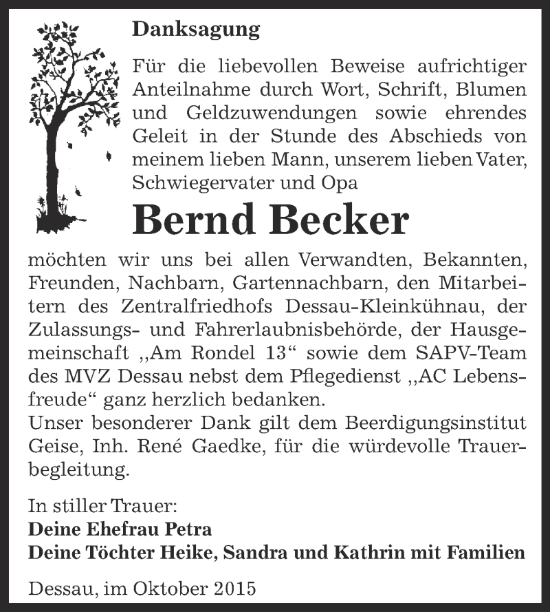  Traueranzeige für Bernd Becker vom 17.10.2015 aus WVG - Wochenspiegel Dessau / Köthen