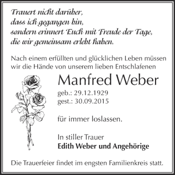 Traueranzeige von Manfred Weber von WVG - Wochenspiegel Dessau / Köthen