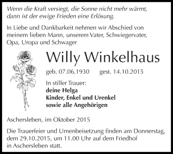 Traueranzeige von Willy Winkelhaus von Super Sonntag Aschersleben