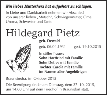 Traueranzeige von Hildegard Pietz von WVG - Wochenspiegel Merseburg