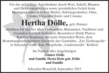 Traueranzeige von Hertha Dölle von WVG - Wochenspiegel Dessau / Köthen