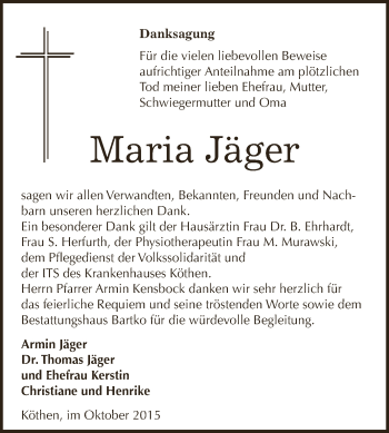 Traueranzeige von Maria Jäger von WVG - Wochenspiegel Dessau / Köthen