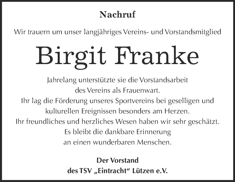  Traueranzeige für Birgit Franke vom 28.10.2015 aus WVG - Wochenspiegel NMB / WSF / ZTZ