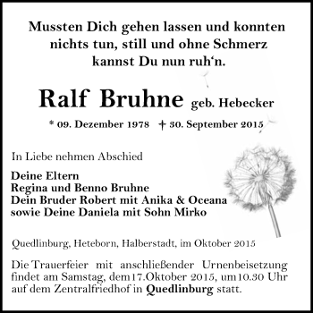 Traueranzeige von Ralf Bruhne von WVG - Wochenspiegel Quedlinburg