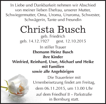 Traueranzeige von Christa Busch von Mitteldeutsche Zeitung Bernburg
