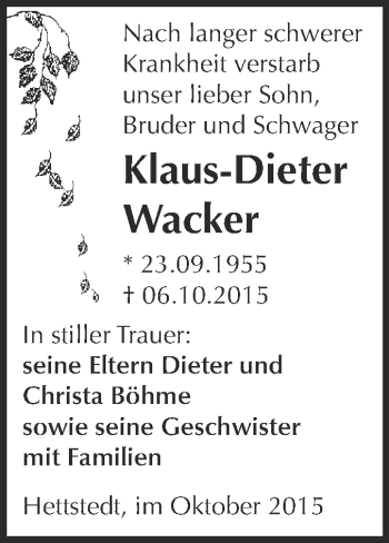 Traueranzeige von Klaus-Dieter Wacker von Wochenspiegel Mansfelder Land