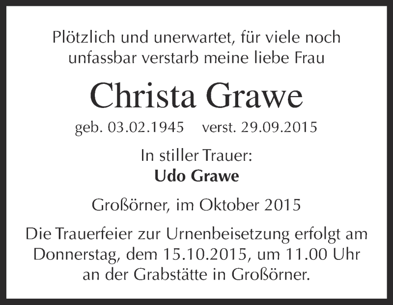  Traueranzeige für Christa Grawe vom 07.10.2015 aus Wochenspiegel Mansfelder Land