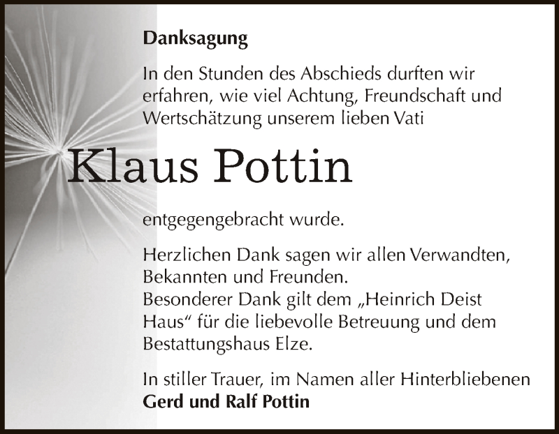  Traueranzeige für Klaus Pottin vom 24.10.2015 aus WVG - Wochenspiegel Dessau / Köthen