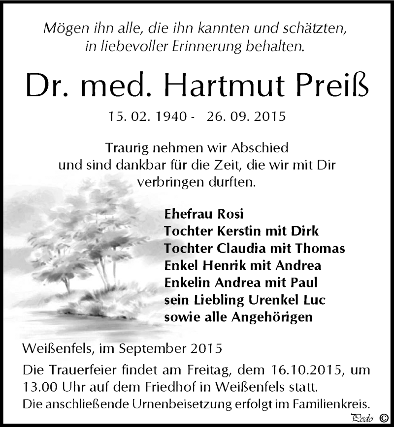 Traueranzeige für Hartmut Preiß vom 03.10.2015 aus Mitteldeutsche Zeitung Weißenfels