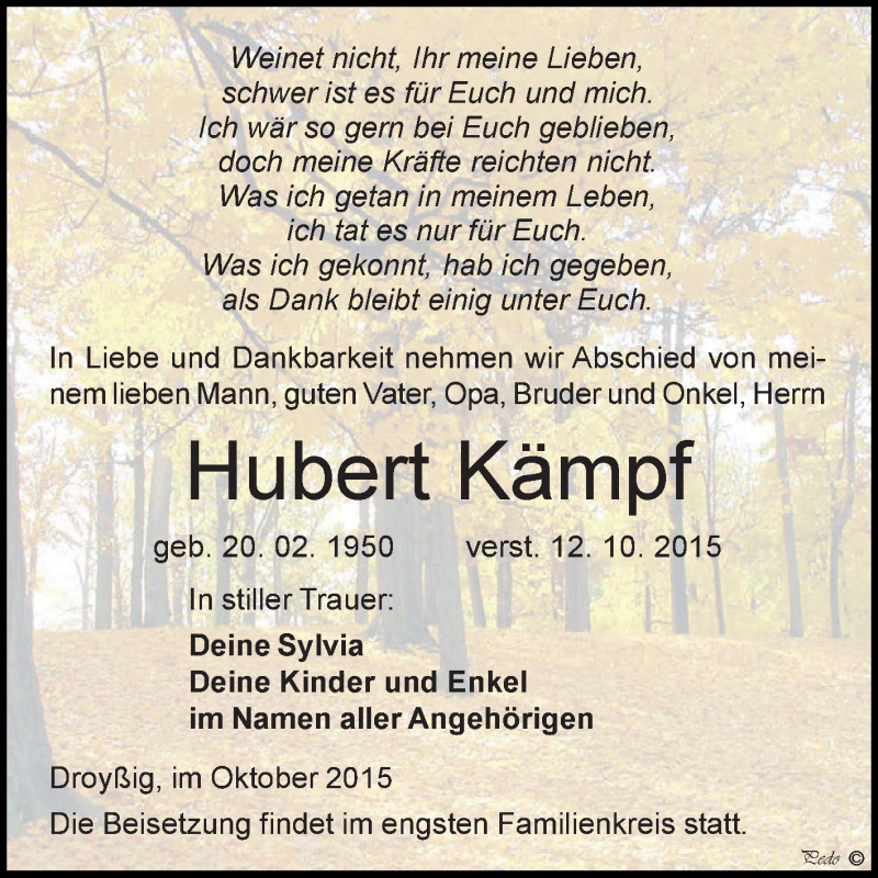  Traueranzeige für Hubert Kämpf vom 17.10.2015 aus Super Sonntag Zeitz