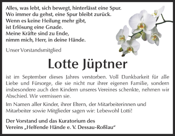 Traueranzeige von Lotte Jüptner von WVG - Wochenspiegel Dessau / Köthen