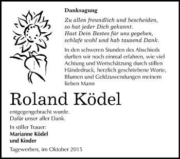 Traueranzeige von Roland Ködel von WVG - Wochenspiegel NMB / WSF / ZTZ