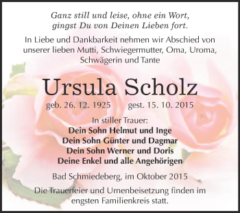 Traueranzeige von Ursula Scholz von WVG - Wochenspiegel Wittenberg