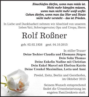 Traueranzeige von Rolf Roßner von Mitteldeutsche Zeitung Zeitz