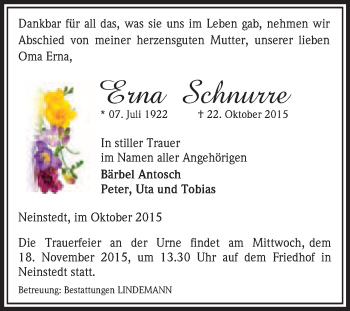 Traueranzeige von Erna Schnurre von Super Sonntag Quedlinburg