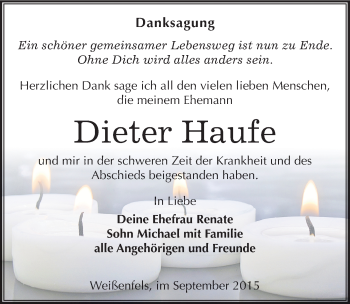 Traueranzeige von Dieter Haufe von Mitteldeutsche Zeitung Weißenfels
