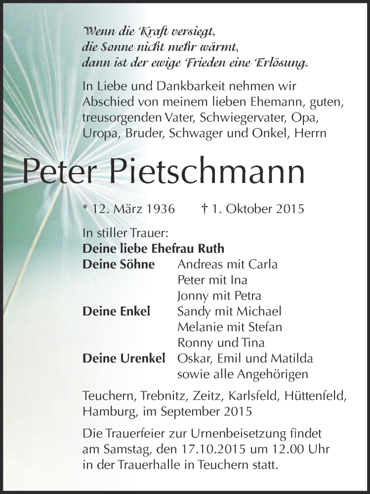  Traueranzeige für Peter Pietschmann vom 14.10.2015 aus WVG - Wochenspiegel NMB / WSF / ZTZ