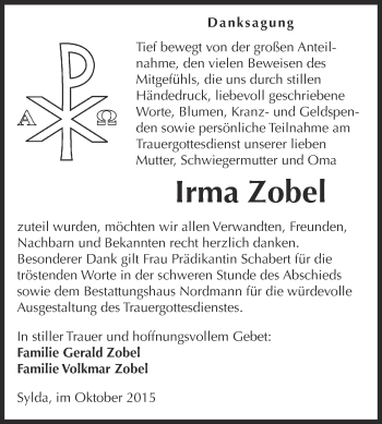 Traueranzeige von Irma Zobel von Super Sonntag SGH Mansf. Land