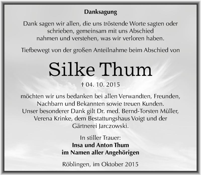  Traueranzeige für Silke Thum vom 28.10.2015 aus Mitteldeutsche Zeitung Mansfelder Land