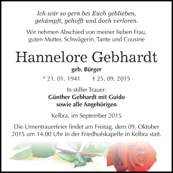 Traueranzeige von Hannelore Gebhardt von WVG - Wochenspiegel SGH