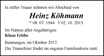 Traueranzeige von Heinz Köhmann von Mitteldeutsche Zeitung Sangerhausen