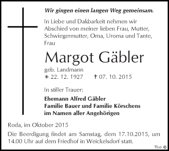 Traueranzeige von Margot Gäbler von Super Sonntag Zeitz