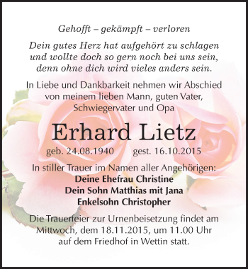 Traueranzeige von Erhard Lietz von Mitteldeutsche Zeitung Halle/Saalkreis