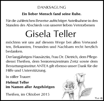 Traueranzeige von Gisela Teller von Mitteldeutsche Zeitung Zeitz