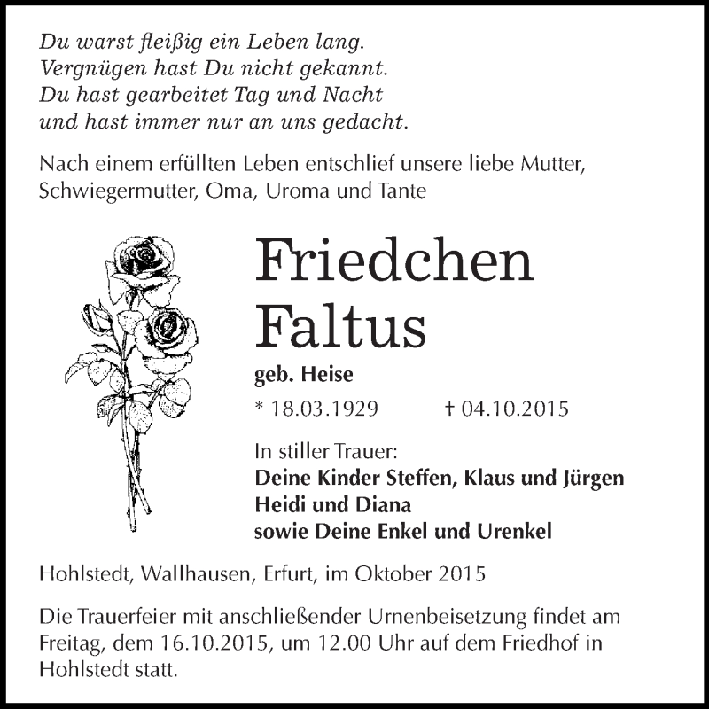  Traueranzeige für Friedchen Faltus vom 10.10.2015 aus Super Sonntag SGH Mansf. Land