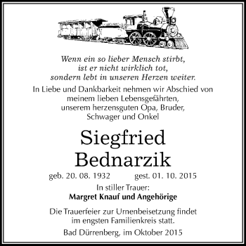Traueranzeige von Siegfried Bednarzik von WVG - Wochenspiegel Merseburg