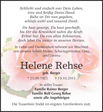 Traueranzeige von Helene Rehse von Mitteldeutsche Zeitung Halle/Saalkreis