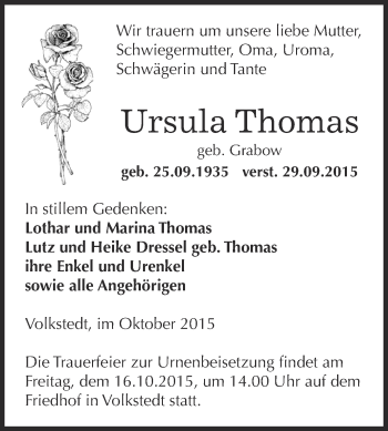 Traueranzeige von Ursula Thomas von Wochenspiegel Mansfelder Land