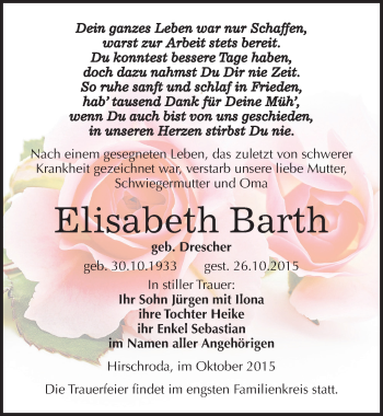 Traueranzeige von Elisabeth Barth von Mitteldeutsche Zeitung Naumburg/Nebra