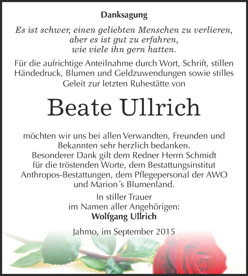  Traueranzeige für Beate Ullrich vom 24.10.2015 aus Super Sonntag Wittenberg